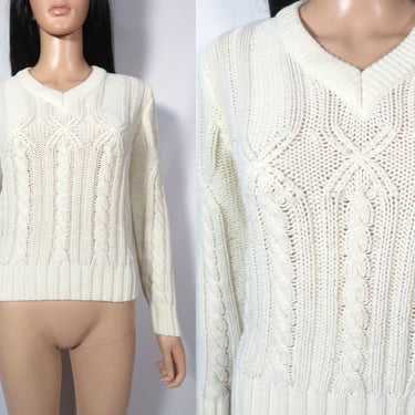 Vintage 70s Cable Knit Acrylic Pullover Sweater Size XS 