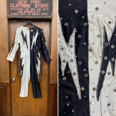 Vintage 1970’s Two-Tone Ziggy Stardust Style Performer Stage Glam Outfit Jumpsuit, Vintage Two Tone Outfit, Lightning Bolt, Rhinestone Stud, 