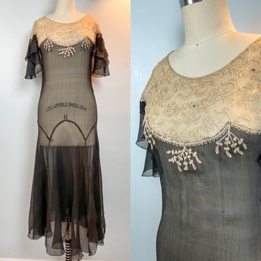 Vintage 1930s Silk Sheer Curve Hugging Illusion Dress with Flutter Sleeves and Lace 