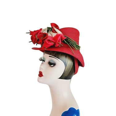 Vintage 40s Hat Red Straw & Flowers Myn-Rose Millinery 