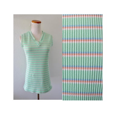 Vintage Women's Pastel Striped Sleeveless Top - Mod 60s Stretchy Stripe V-neck Tank Blouse - Candy Colors - Size Medium Large 