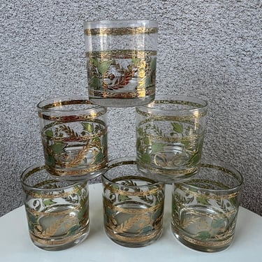Vintage MCM Culver rock tumbler glasses set 6 grapevine leaves green & blue gold rims barware 