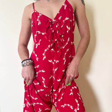 90’s Betsey Johnson Bright Red Bow Print Spaghetti Strappy Wide Leg Jumpsuit Rayon