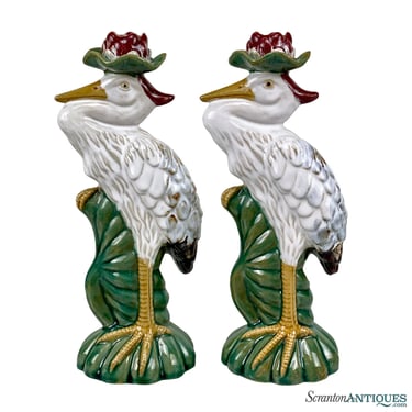 Vintage Italian Majolica Porcelain Crane Bird Candlestick Holder - A Pair
