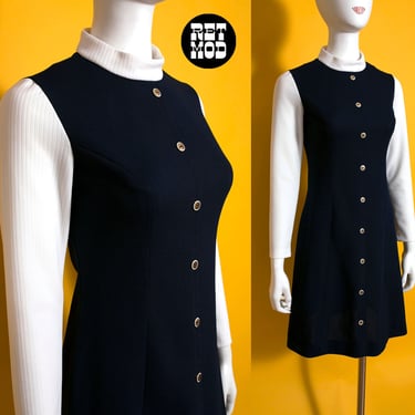 Mod Cutie Vintage 60s 70s Navy Blue & White Color Block Ribbed Dress 