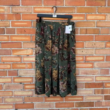 vintage 90s green silk floral pleated midi skirt / l xl extra large 