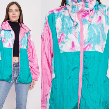 80s Pink & Teal Color Block Windbreaker - 2XL | Vintage Zip Up Streetwear Aesthetic Track Jacket 