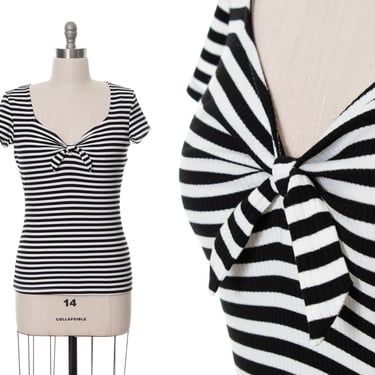Modern Vintage Style Top | UNIQUE VINTAGE NWT Striped Black White Knit Ribbed Bow Tee Pin Up Rockabilly T-Shirt (large) 