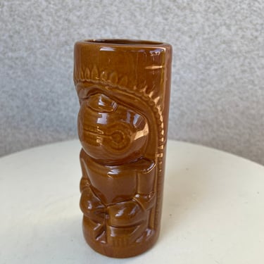 Vintage Tiki tall mug Polynesian god 3D brown ceramic by DW 114 