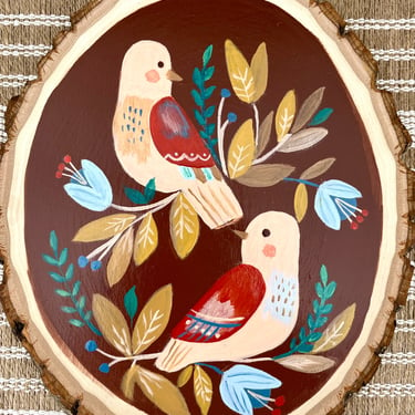 Autumn Birds with Branches Hand Painted Wood Slice/ Decorative Bird Wall Hanging/ Rust and Blue Wooden Acrylic Painting 