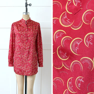 vintage 1970s moon face blouse • silky red novelty print tunic with puff sleeves & mock neck collar 