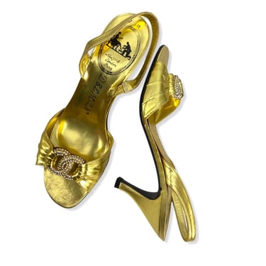 80s shoes sz 7, Vintage 1980s gold DELMAN high heels, 80s slingback sandals 
