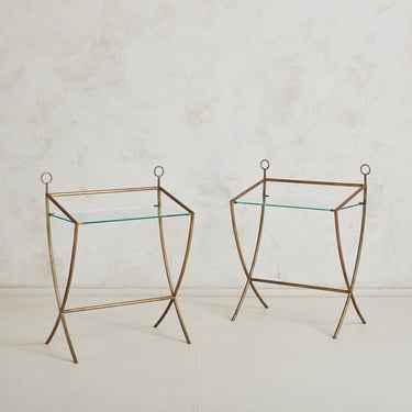 Pair of Glass + Brass Side Tables in the Style of Jean Royere, Italy 21st Century