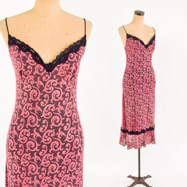 1990s Betsey Johnson Dress |  90s Pink & Black Lace Slip Dress | Betsey Johnson | Medium 