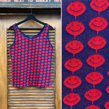 Vintage 1960’s Smiley Face Cotton Mod Blue x Red Tank Top Shirt, Tee Shirt, Knit, 60’s Vintage Clothing 