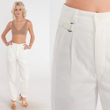 White Corduroy Pants 80s New Old Stock Pleated Trousers High Waisted Rise Straight Tapered Leg Cords Basic Plain Slacks Vintage 1980s Small 