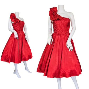 1980's Red Acetate One Shoulder Circle Skirt Dress I Sz Med I Mandy Designs 
