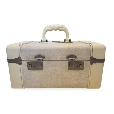 Vintage Crown Train Case, White Carry-On Luggage, Mid Century Modern Suitcase, Overnight Travel Toiletries Case + Mirror 