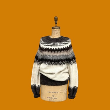 Vintage Sweater Retro 1990s The Sweater Venture + Handknit + 100% Alpaca Wool + Fair Isle + White + Brown + Grey + Pullover + Unisex 