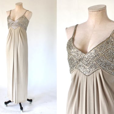 1970s Saks Fifth Ave Embellished Draped Jersey Evening Gown - Designer 70s Vintage Victoria Royal Dress - Small 