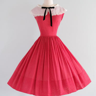 Vintage Early 1950's Red & White Polka Dot Cotton Dress / L