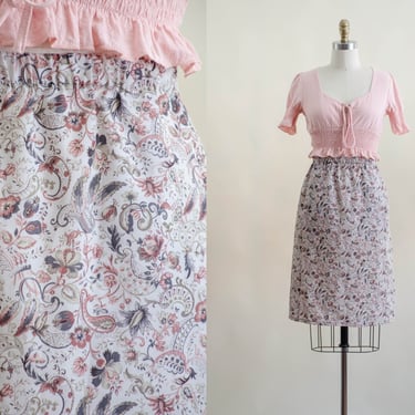 white floral mini skirt | 90s vintage rose blush pink batik floral paisley short skirt 
