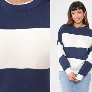 90s Color Block Sweatshirt White Navy Blue Striped Sportswear Double Crewneck Pullover Shirt 1990s Vintage Athleisure Small S 
