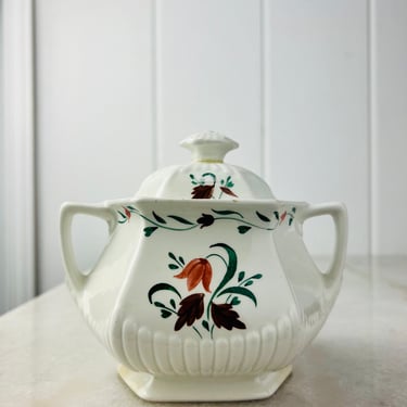 Wm. Adams and Co Sugar Bowl, Micratex Ironstone, Festival, Two handled Large Sugar Bowl with Lid, fall coloured Green and Brown, 1963 