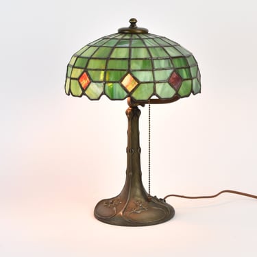 Antique Hubbell Gooseneck Socket Stained Glass Desk or Boudoir Lamp 