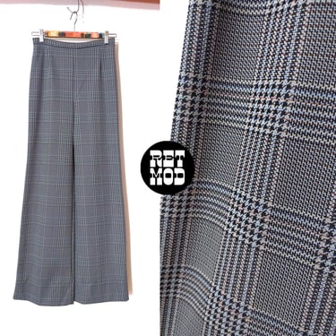 Vintage 60s 70s Houndstooth Wide Leg Polyester Pants 