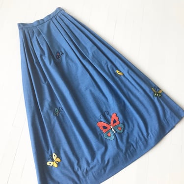 Vintage Chambray Embroidered Butterfly Maxi Skirt 