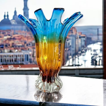 Vintage Murano Glassware Hand Blown Finger Vase Tri Color Blue Green Amber 
