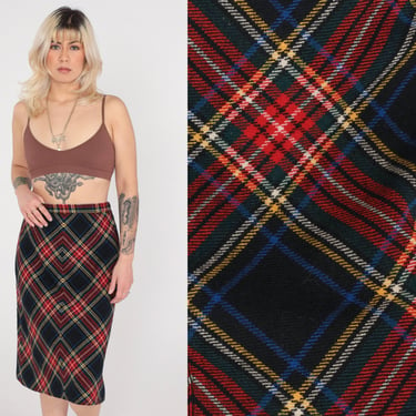 Wool Plaid Skirt 70s Tartan Skirt Midi Black Red School Girl High Waist Checkered Retro Vintage 1970s Lolita Small S 