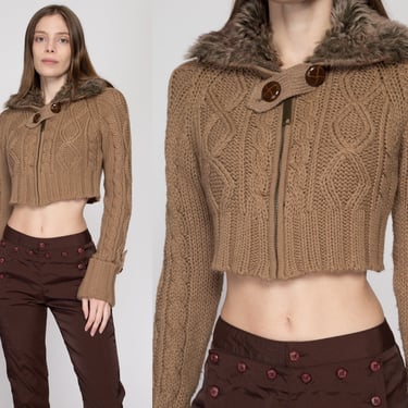 Med-Lrg 90s Brown Faux Fur Collar Cropped Sweater | Retro Vintage Knit Zip Up Collared Cardigan Jacket 