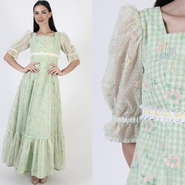 Romantic Swiss Dot Dress, Vintage 70s Southern Belle Gown, Antique Victorian Style Maxi 