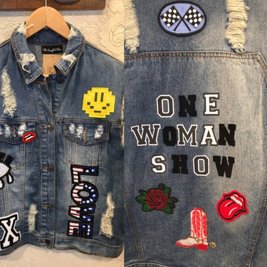 One woman show, Embellished Denim Vest with Patches size Medium/Large 
