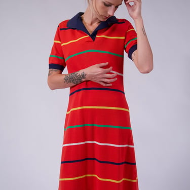 70s Polo Dress Vintage Red Striped Preppy Collared Knit Midi Dress 