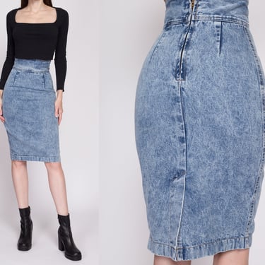 XS 80s Acid Wash Denim Midi Skirt 24