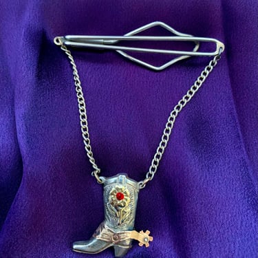 1940's-50's Western Tie Bar with Chains - Sterling Silver Cowboy Boot - Red Garnet - 10k  18k Gold Rotating Spur & Flower 