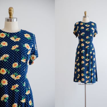 blue daisy dress | 80s 90s vintage cottagecore navy yellow sunflower floral knee length dress 