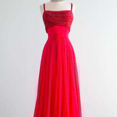 Stunning Cherries In The Snow Beaded Silk Chiffon Evening Gown / SM