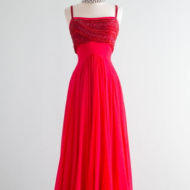 Stunning Cherries In The Snow Beaded Silk Chiffon Evening Gown / SM