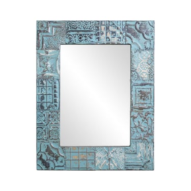 Handmade Blue Mixed Pattern Antique Tin Ceiling Wall Mirror