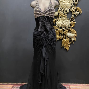 1990s formal gown, black silk, mermaid dress, beaded vintage gown, size small, sexy backless, black tie event, gothic wedding, ruched, 26 