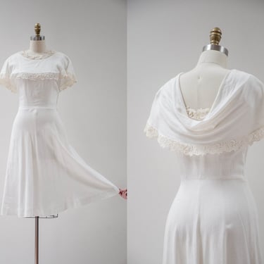 white linen dress | 50s 60s vintage ivory cowl neck low back lace trim fit and flare dress 