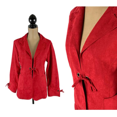 90s Red Faux Suede Jacket Large, Lightweight Tie Front Grommet Laced Ultrasuede, 1990s Clothes for Women, Vintage Clothing from Fiorlini 