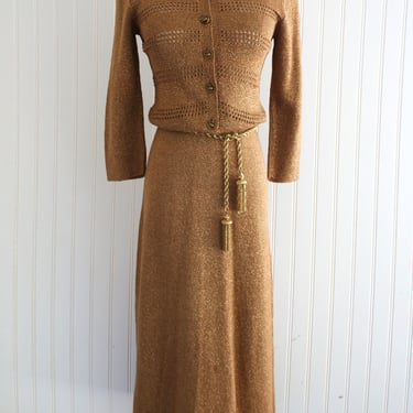 1940's - Gold - Metallic Knit - Shirtwaist Dress - by Contour-Ette, by Michael James - Estimated XS 