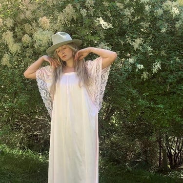70's Pale Pink Flutter Angel Sleeve Lace Nightgown | Vintage Lingerie Maxi Dress | Lace Peignoir | Boho Nightie 