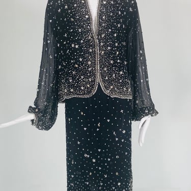 Halston Crystal &amp; Pearl Beaded black Silk Chiffon Jacket &amp; Skirt Set Late 1970s