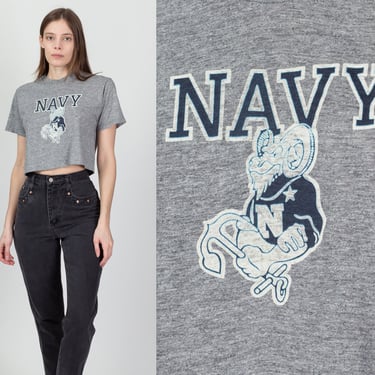 80s US Naval Academy Crop Top - Medium | Vintage Bill The Goat Heather Gray Graphic Military Cropped T Shirt 